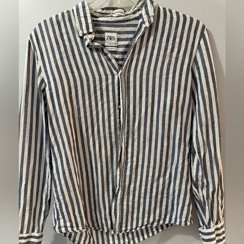 Zara Navy and White Striped Shirt M